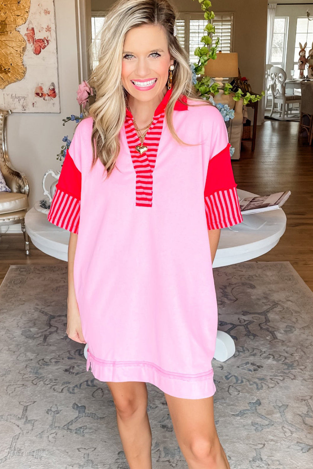 Pink Stripe Colorblock Short Sleeve Collared Mini Dress Dresses JT's Designer Fashion