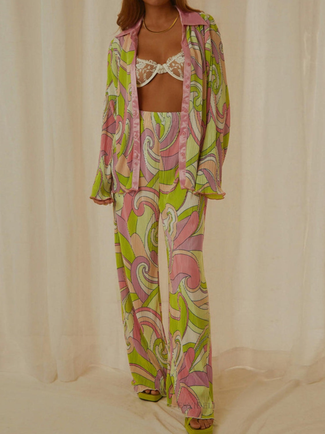 Printed Collared Neck Long Sleeve Top and Pants Lounge Set Yellow-Green Sleepwear JT's Designer Fashion