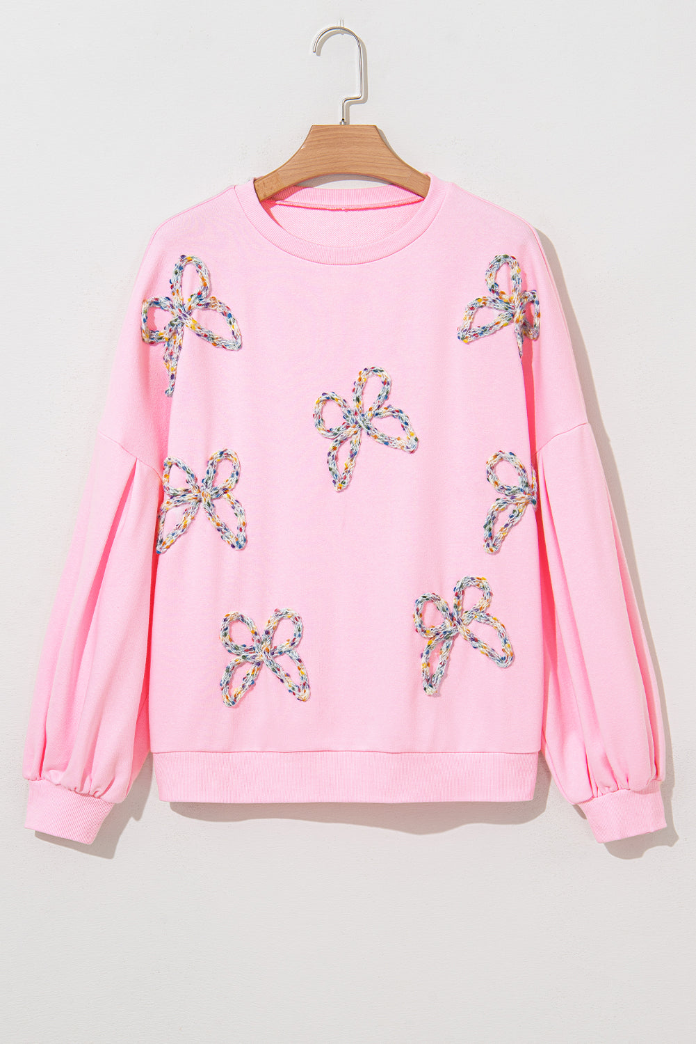 Light Pink Embroidered Bow Lantern Sleeve Oversized Pullover Sweatshirt Sweatshirts & Hoodies JT's Designer Fashion