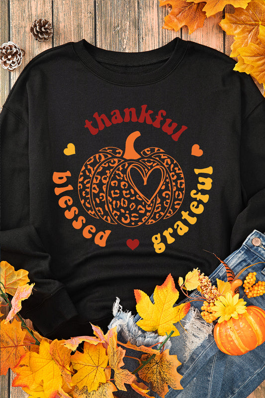 Black Leopard Pumpkin thankful blessed grateful Print Sweatshirt Black 50%Polyester+50%Cotton Graphic Sweatshirts JT's Designer Fashion
