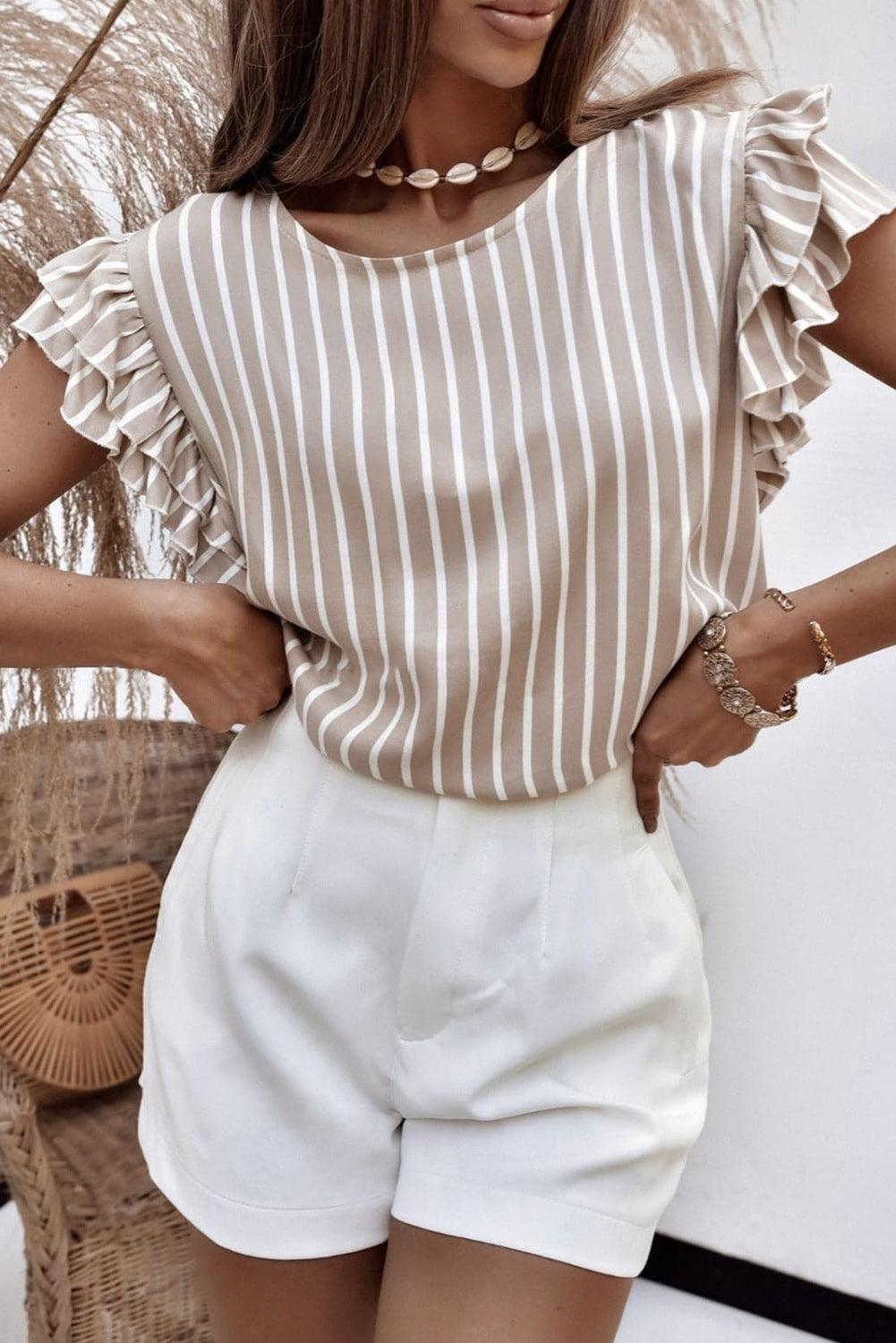 Parchment Striped Print Double Ruffle Trim Relaxed Blouse Pre Order Tops JT's Designer Fashion