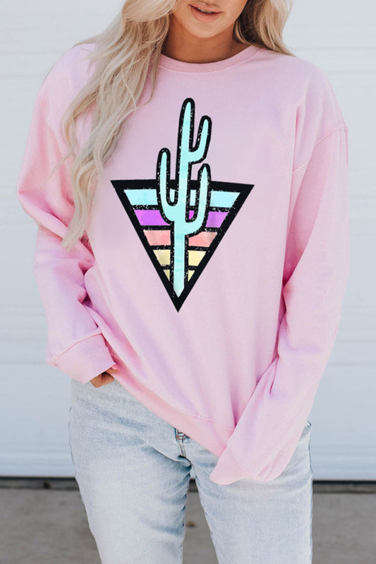 Pink Western Cactus Color Block Pullover Sweatshirt Graphic Sweatshirts JT's Designer Fashion