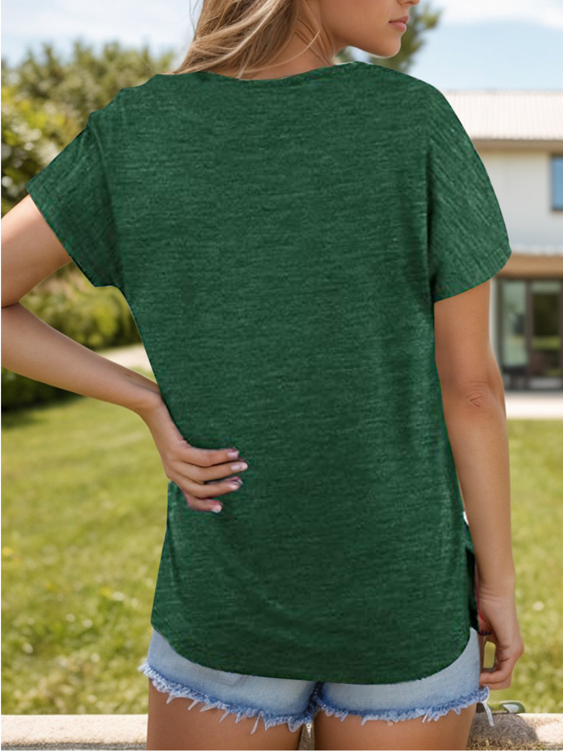 Pocketed Heathered V-Neck Short Sleeve T-Shirt Dark Green Blouses & Shirts JT's Designer Fashion