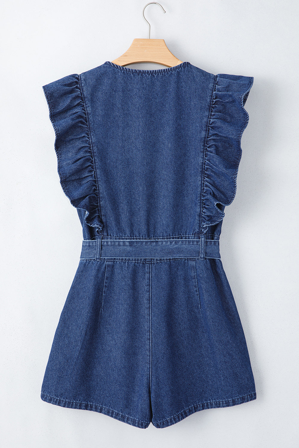 Sail Blue Denim Ruffled Zipped Front Belted Romper Jumpsuits & Rompers JT's Designer Fashion