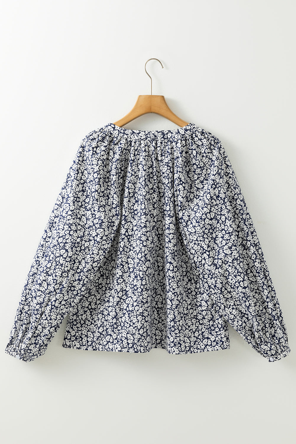 Blue Floral Print Notched V Neck Puff Sleeve Blouse Blouses & Shirts JT's Designer Fashion