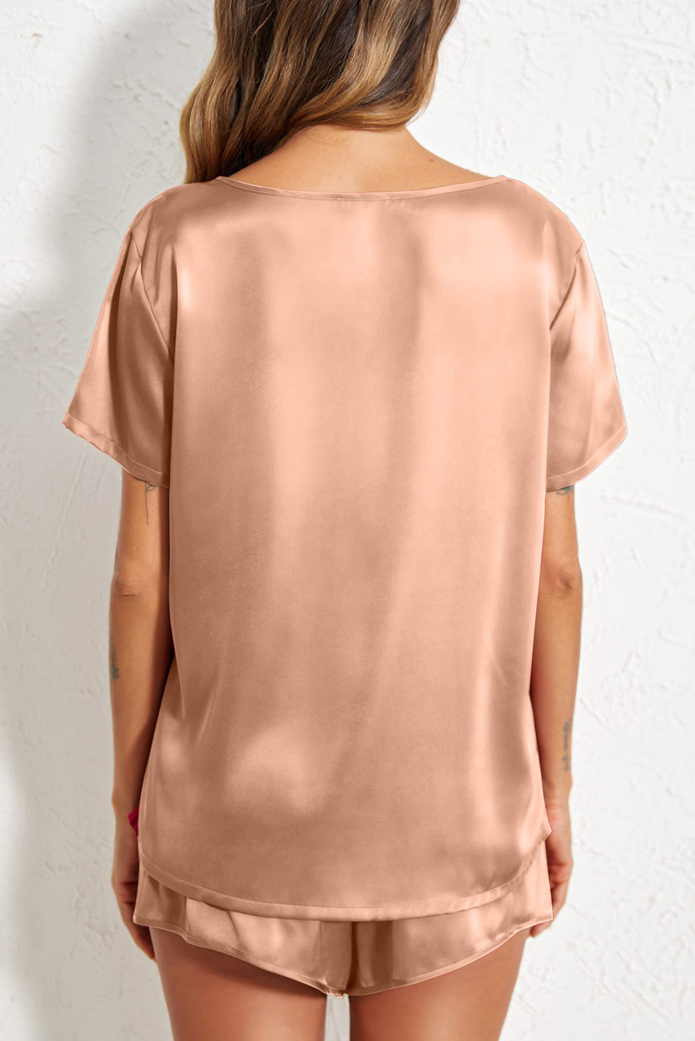 Apricot Pink Satin V Neck Tee and Drawstring Shorts Set Bottoms JT's Designer Fashion