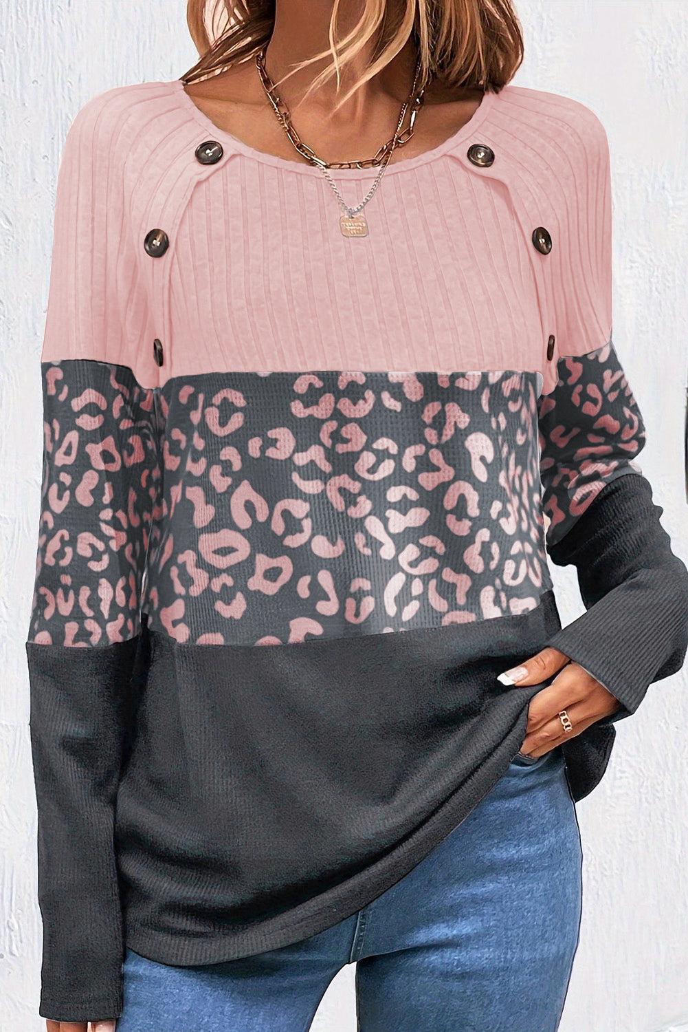 Pink Cheetah Textured Patchwork Buttoned Round Neck T Shirt Long Sleeve Tops JT's Designer Fashion