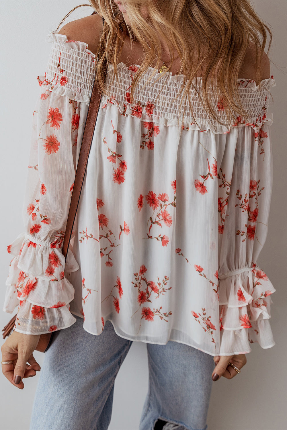 White Floral Print Shirred Off Shoulder Ruffled Sleeve Blouse Blouses & Shirts JT's Designer Fashion