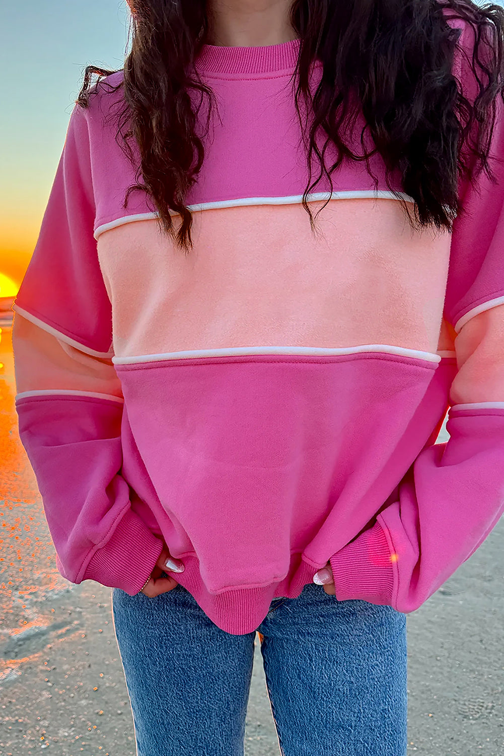 Sachet Pink Colorblock Patchwork Drop Shoulder Ribbed Trim Sweatshirt Sweatshirts & Hoodies JT's Designer Fashion