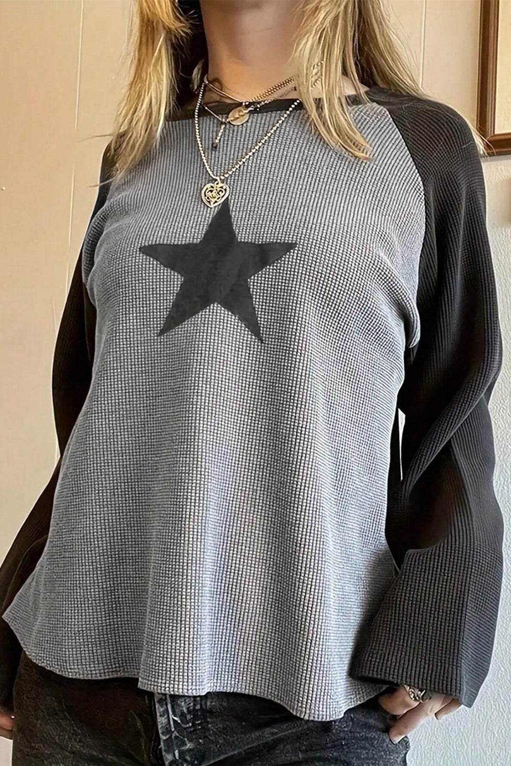 High Waffle Knit Colorblock Star Patch Graphic Raglan Top Long Sleeve Tops JT's Designer Fashion