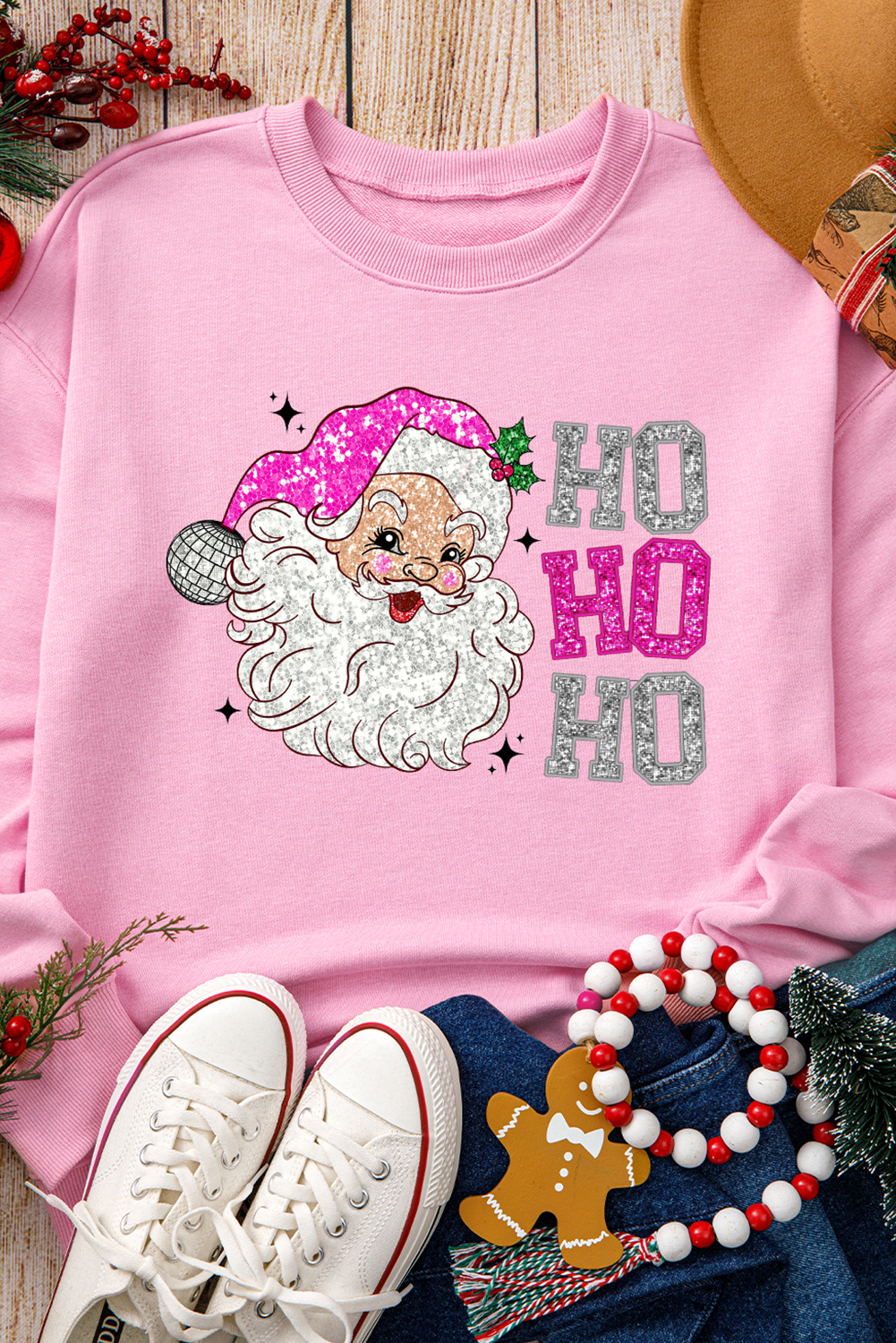 Pink Santa Claus HO HO HO Christmas Graphic Sweatshirt Graphic Sweatshirts JT's Designer Fashion