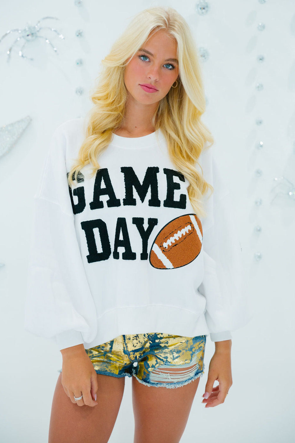 White GAME DAY Graphic Varsity Pullover Sweatshirt Sweatshirts & Hoodies JT's Designer Fashion