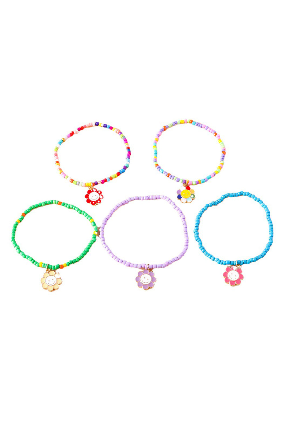 Light Blue 5pcs Smiley Flower Pendant Beaded Bracelet Set Jewelry JT's Designer Fashion