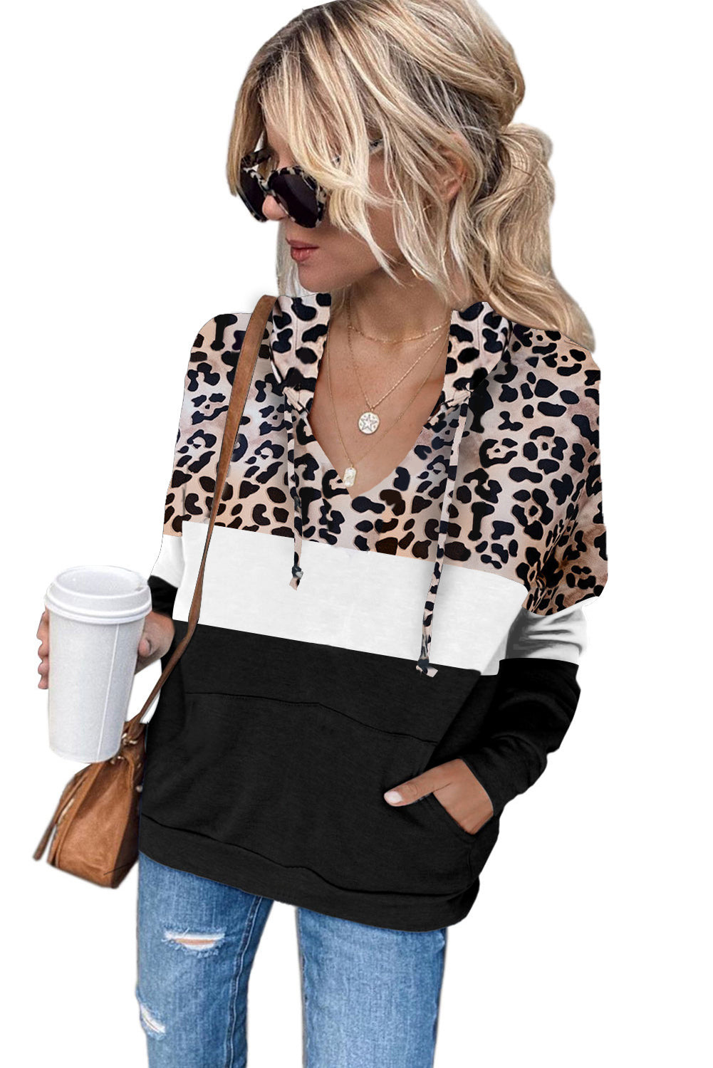 Black Leopard Splicing Kangaroo Pocket Drawstring Hoodie Sweatshirts & Hoodies JT's Designer Fashion