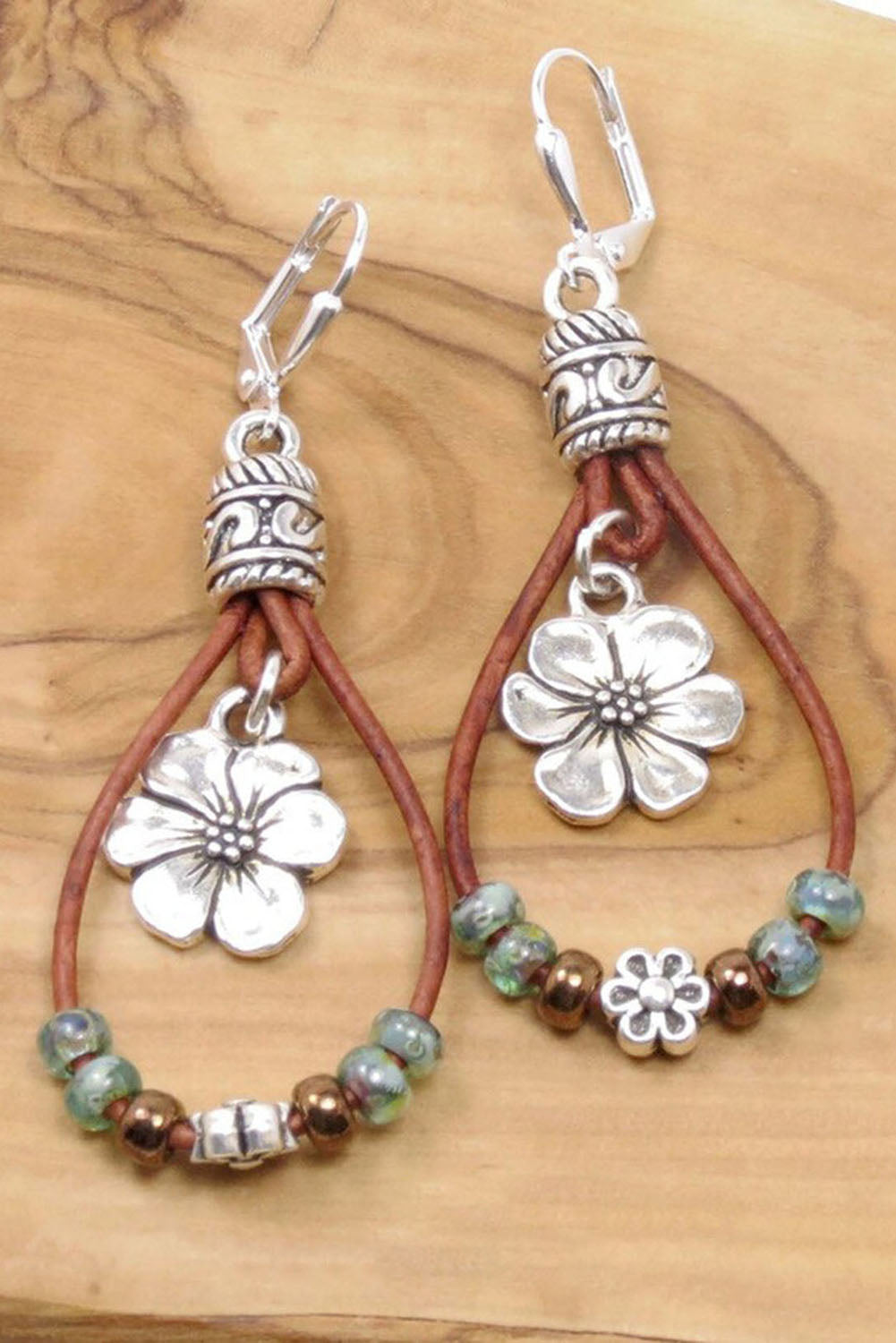 Silvery Western Leather Beaded Floral Dangle Earrings Jewelry JT's Designer Fashion