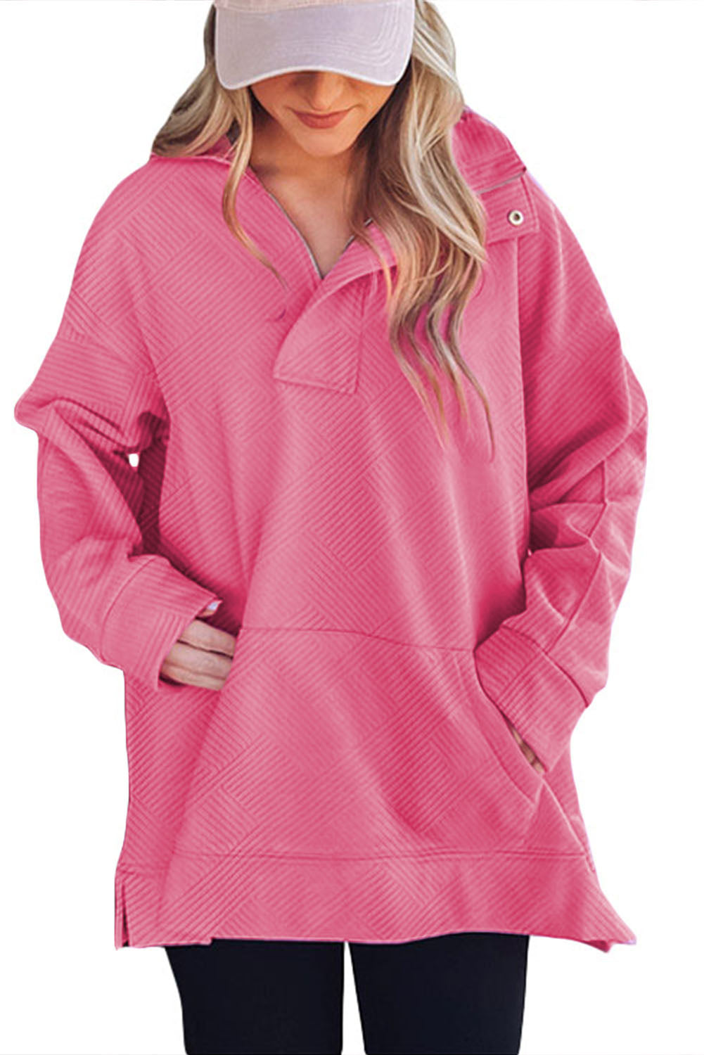 Bright Pink Textured Zipped Neckline Kangaroo Pocket Sweatshirt Sweatshirts & Hoodies JT's Designer Fashion