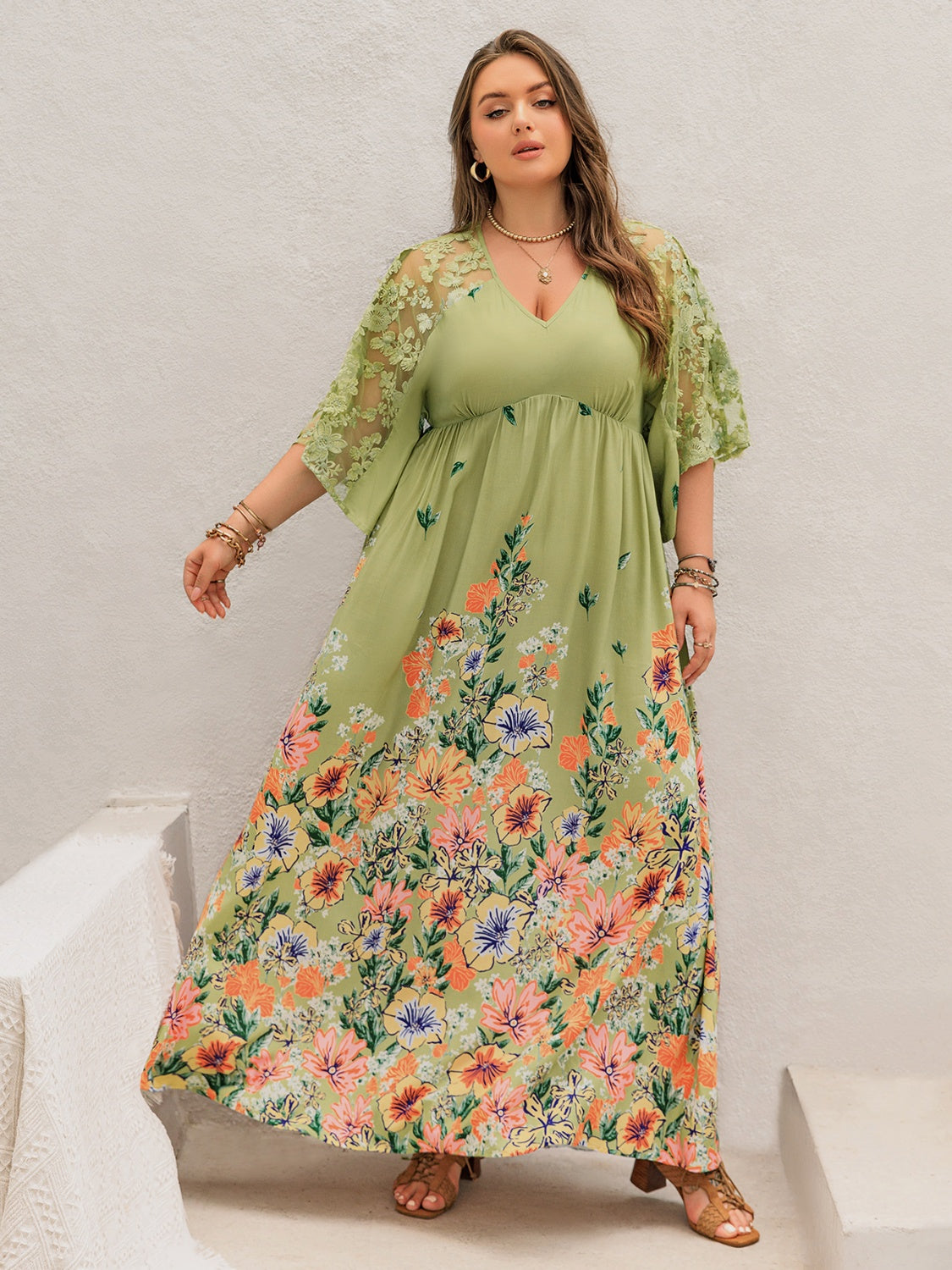 Plus Size Lace Detail Floral Half Sleeve Dress Maxi Dresses JT's Designer Fashion