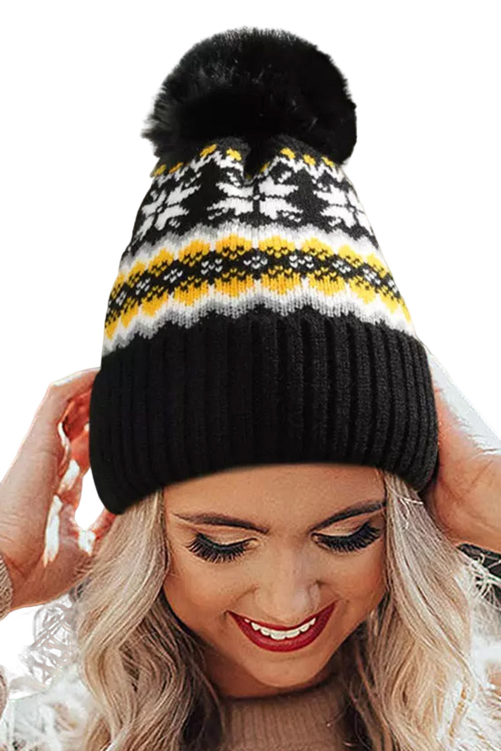 Black Christmas Snowflake Warm Knitted Hairball Beanie Hat Hats & Caps JT's Designer Fashion