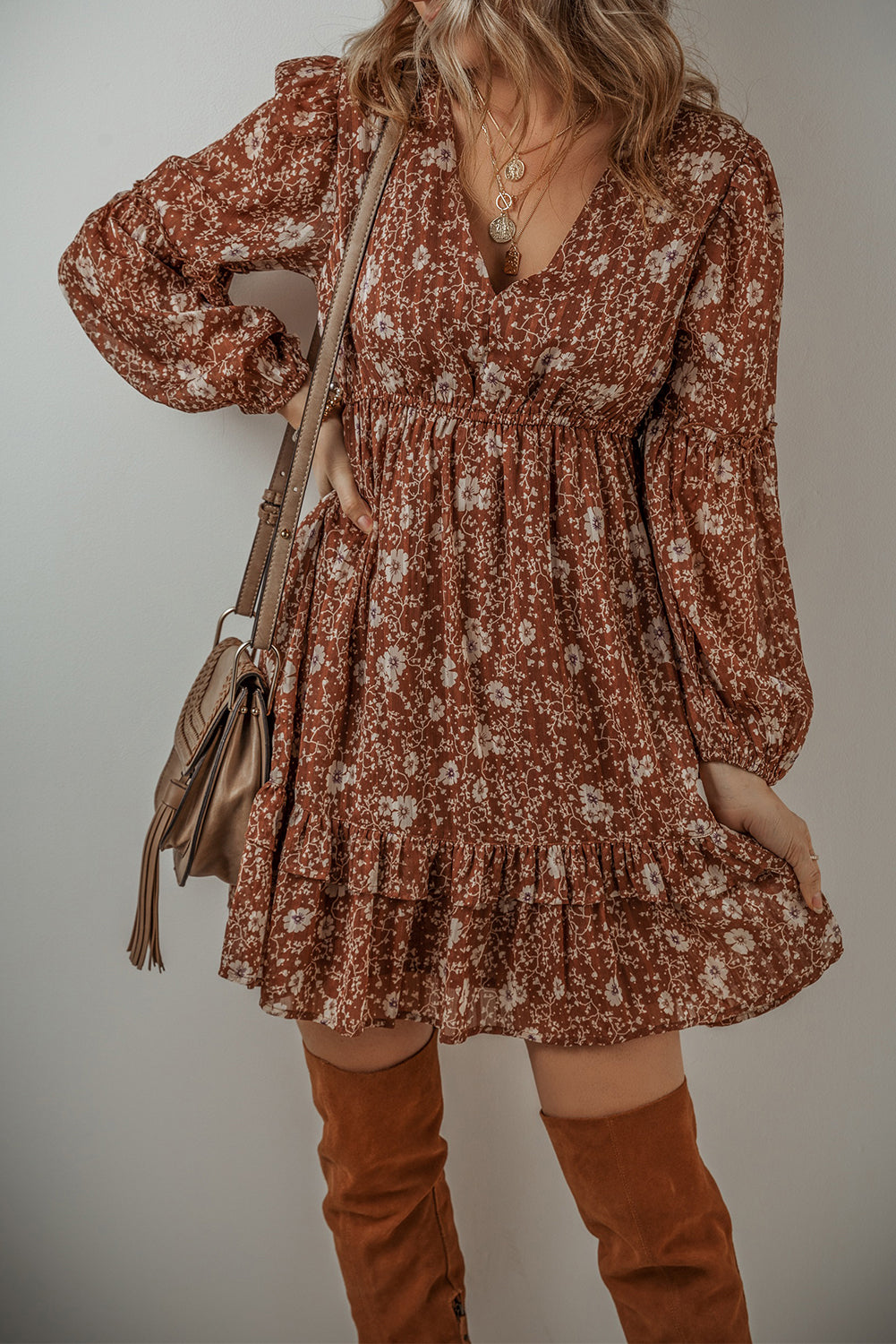 Brown Boho Floral Ruffled Puff Sleeve V Neck Mini Dress Floral Dresses JT's Designer Fashion