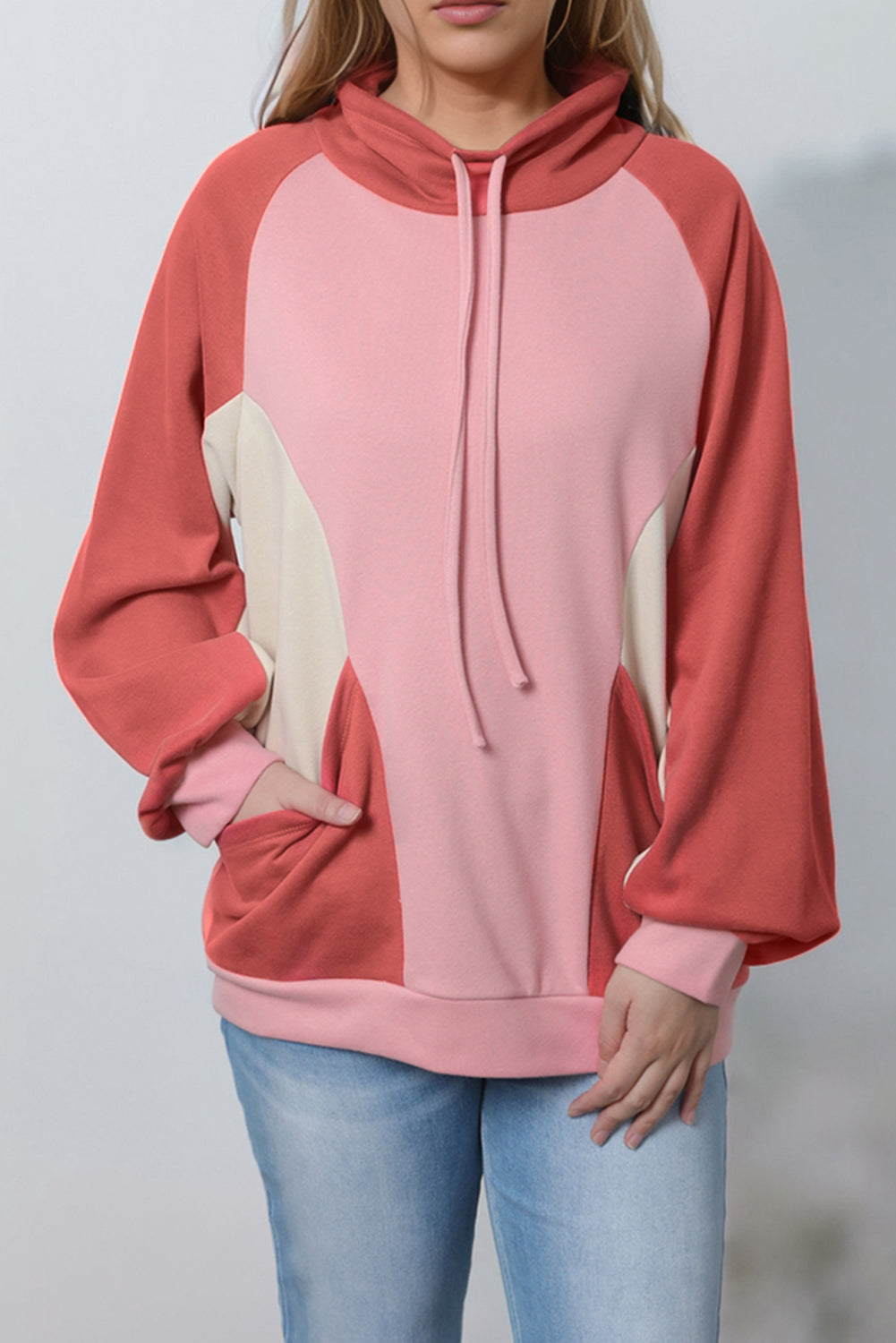 Pink Drawstring Pullover Pocketed Colorblock Sweatshirt Sweatshirts & Hoodies JT's Designer Fashion