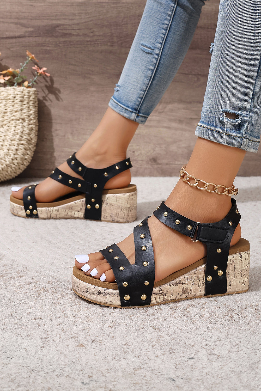 Black Rivet Hollow Out Leather Wedge Sandals Sandals JT's Designer Fashion