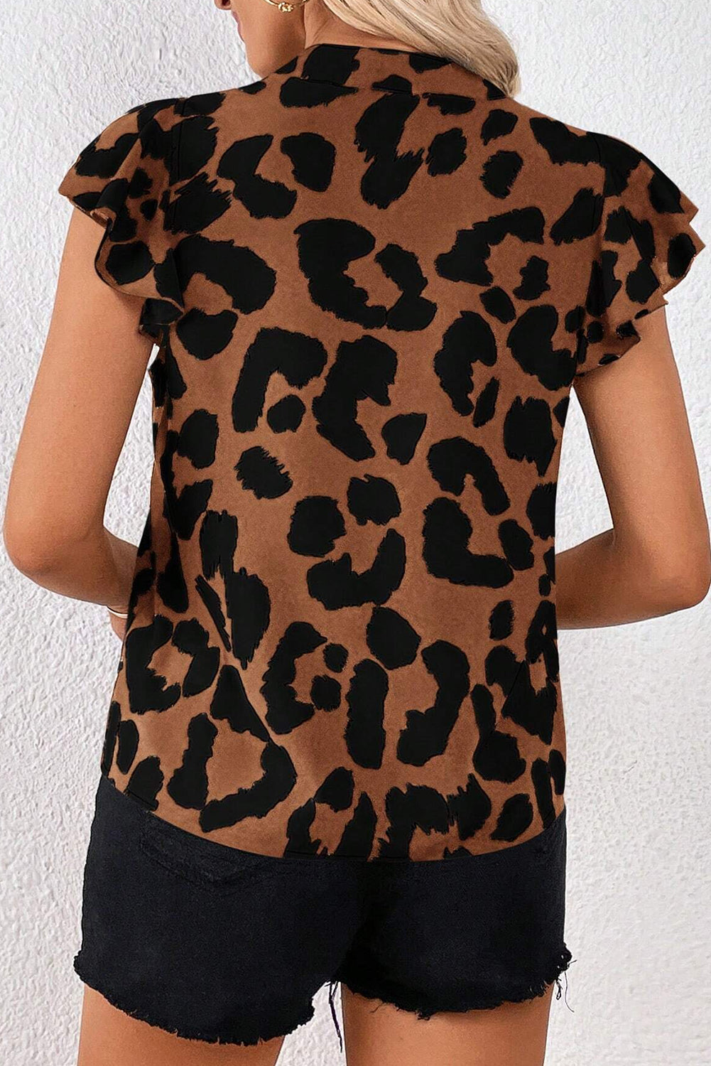 Brown Leopard Ruffled Flutter Sleeve Split Neck Blouse Pre Order Tops JT's Designer Fashion