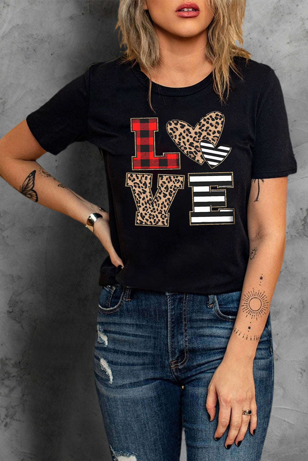 Black LOVE Heart Plaid Striped Leopard Print Graphic T Shirt Graphic Tees JT's Designer Fashion