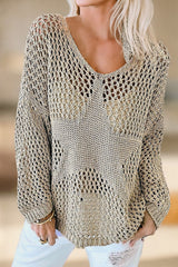 Light French Beige Star Pointelle Knit Baggy Sweater Sweaters & Cardigans JT's Designer Fashion