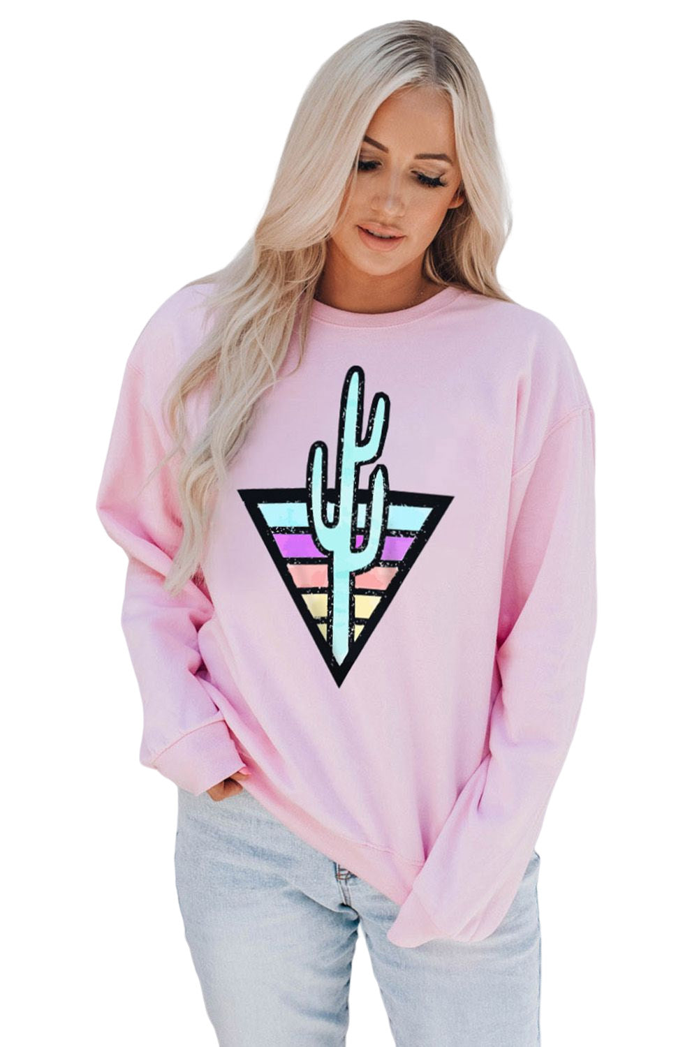 Pink Western Cactus Color Block Pullover Sweatshirt Graphic Sweatshirts JT's Designer Fashion