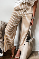 Khaki Stripe Pleated High Waist Wide Leg Loose Pants Bottoms JT's Designer Fashion