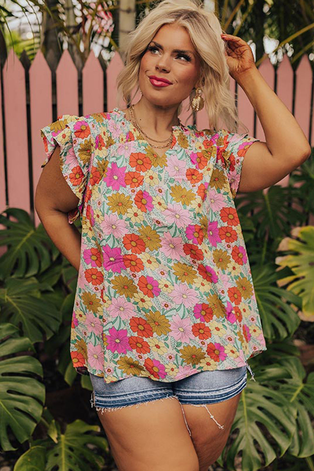 Multicolour Plus Floral Notched Neck Ruffle Sleeve Blouse Plus Size JT's Designer Fashion