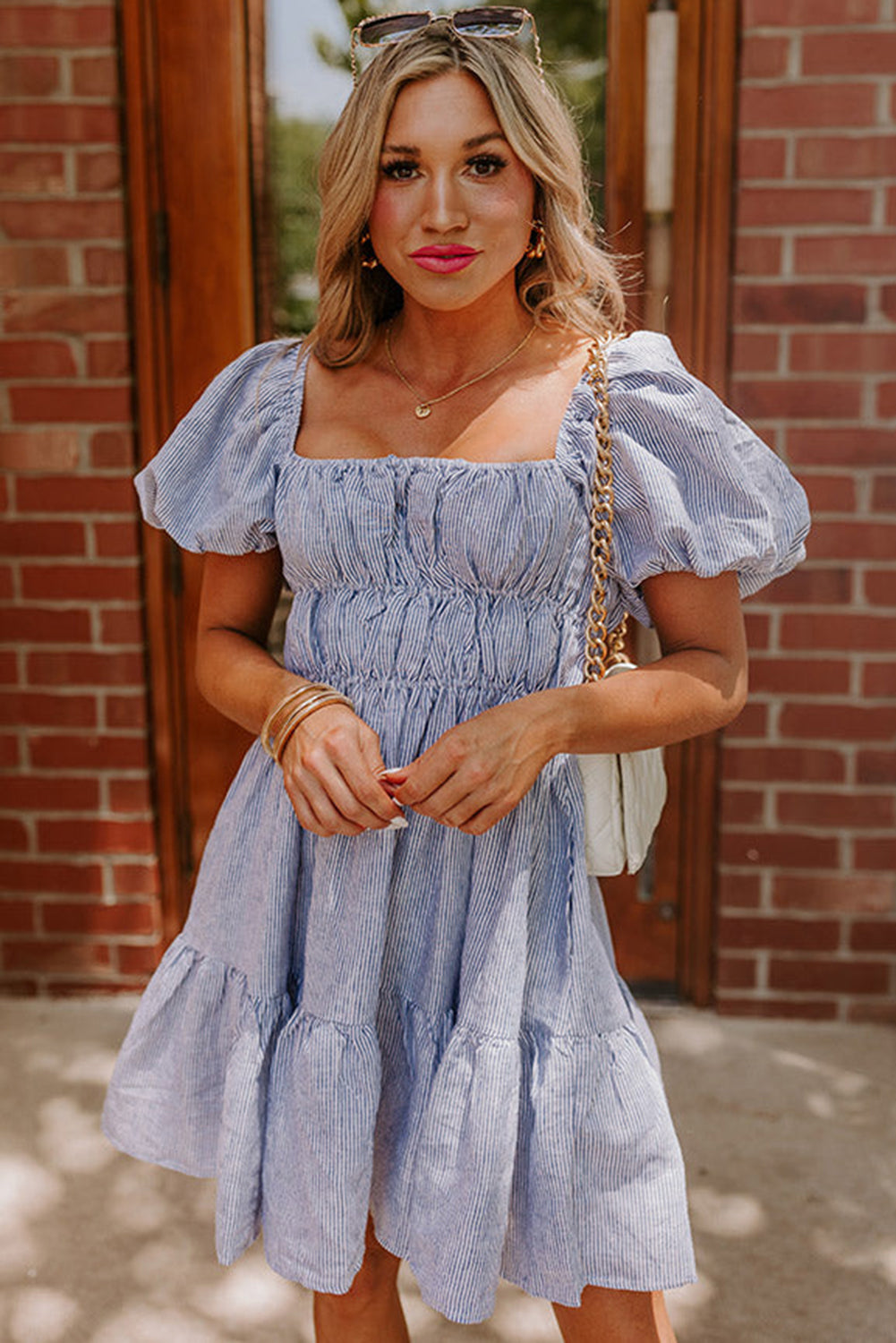 Sky Blue Stripe Bubble Sleeve Square Neck Ruched Pocketed Babydoll Dress Mini Dresses JT's Designer Fashion