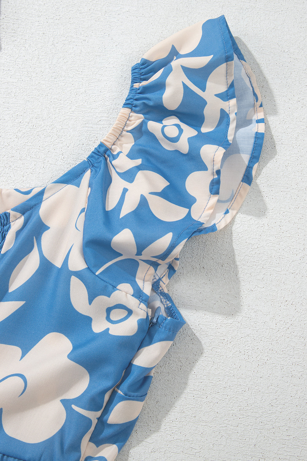 Sky Blue Floral U Neck Flutter Shoulder Tiered Flowy Midi Dress Floral Dresses JT's Designer Fashion