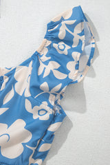 Sky Blue Floral U Neck Flutter Shoulder Tiered Flowy Midi Dress Floral Dresses JT's Designer Fashion