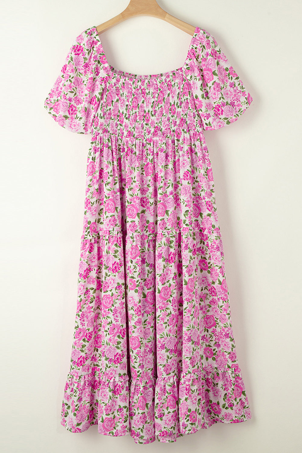 Pink Dainty Floral Smocked Puff Sleeve Flowy Long Dress Maxi Dresses JT's Designer Fashion