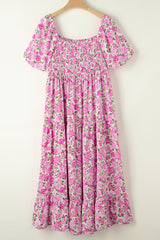 Pink Dainty Floral Smocked Puff Sleeve Flowy Long Dress Maxi Dresses JT's Designer Fashion