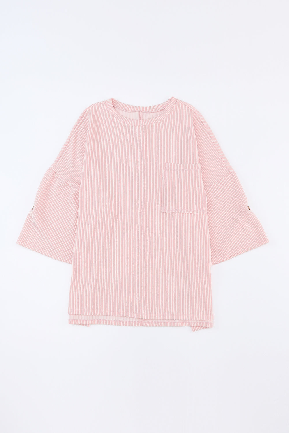 Pink Ribbed Roll-tab Sleeve Chest Pocket Oversize Top Long Sleeve Tops JT's Designer Fashion