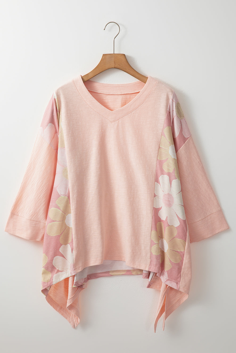 Pink Flower Patchwork Exposed Seam Oversized High Low Top Long Sleeve Tops JT's Designer Fashion