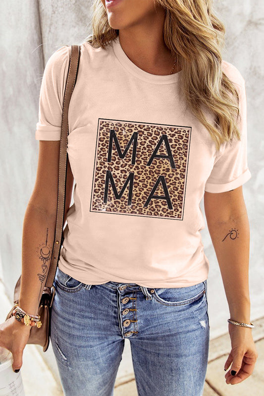 Pink Leopard Square MAMA Graphic T-shirt Pink 95%Polyester+5%Spandex Graphic Tees JT's Designer Fashion