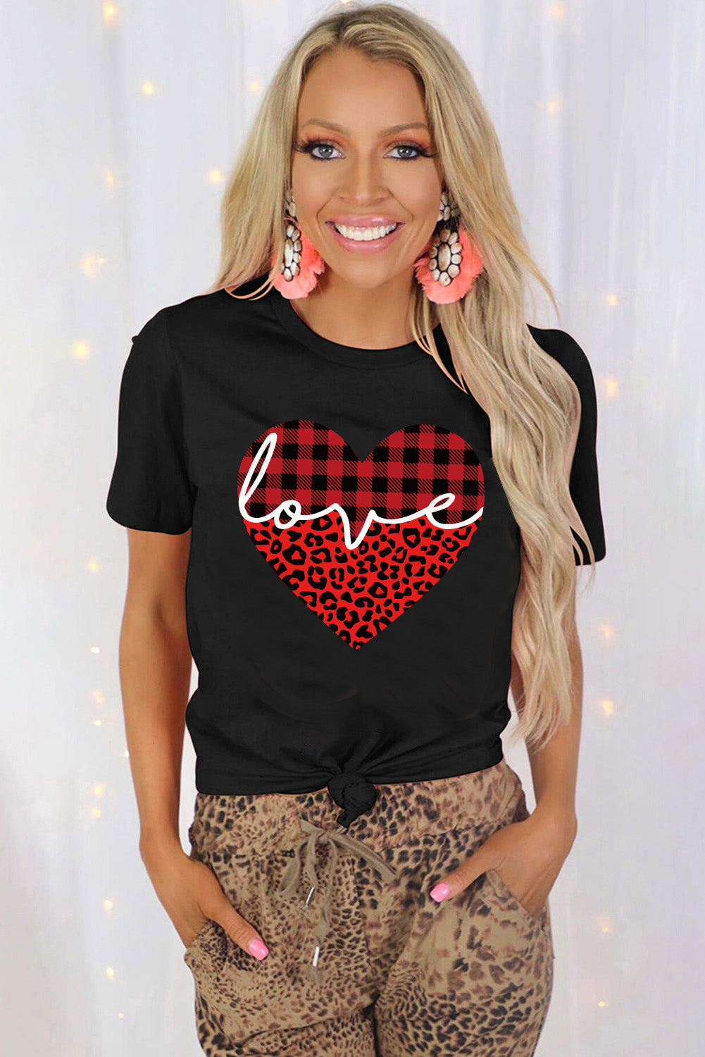 Black Love Leopard Plaid Heart Shaped Crewneck T Shirt Graphic Tees JT's Designer Fashion