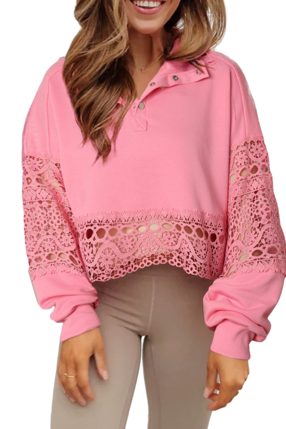 Pink Hollowed Lace Splicing Cropped Sweatshirt Sweatshirts & Hoodies JT's Designer Fashion