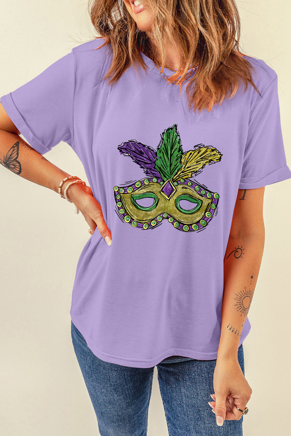 Wisteria Mardi Gras Mask Graphic Crew Neck Festival T Shirt Graphic Tees JT's Designer Fashion