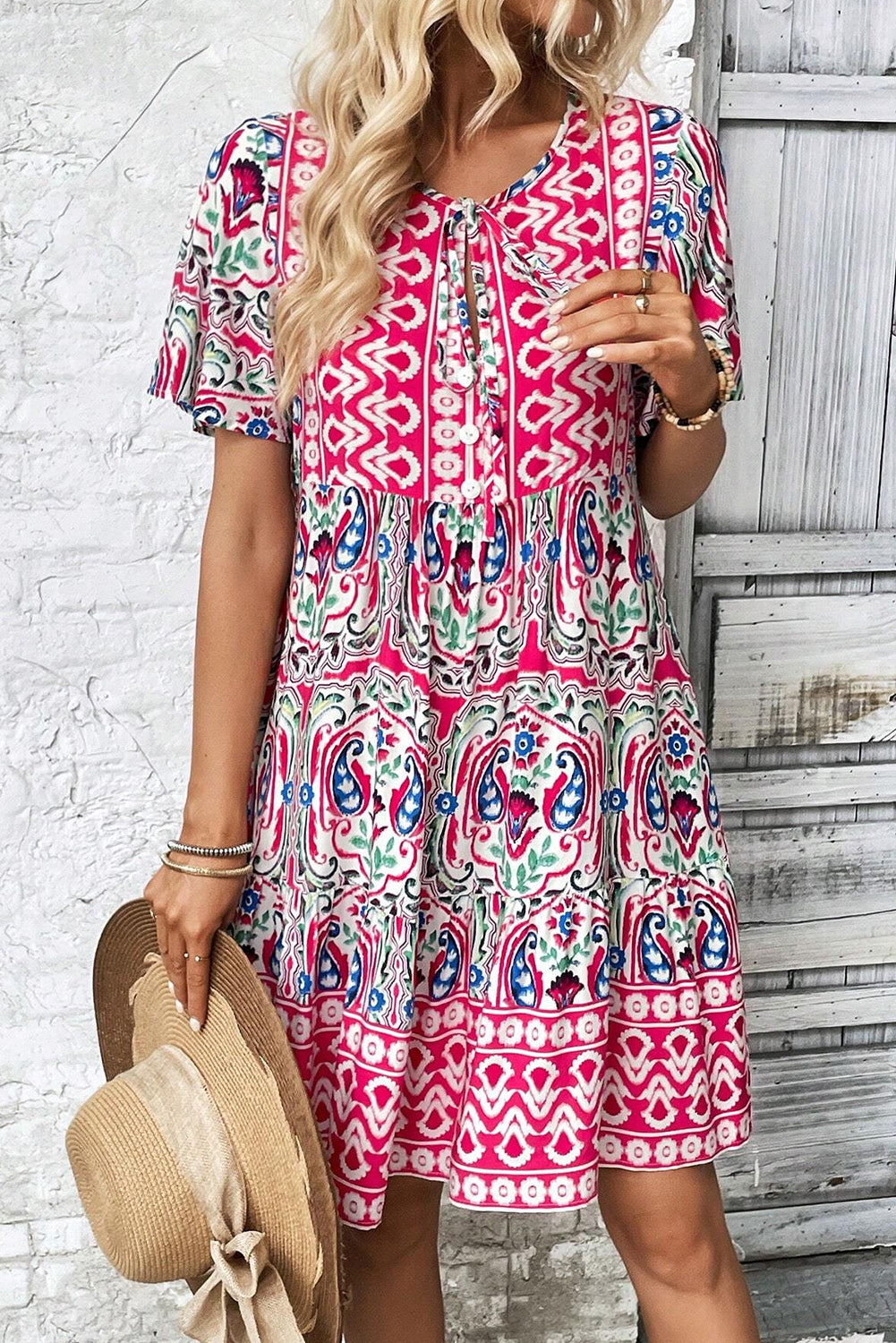 Pink Bohemian Print Tie Neck Ruffle Hem Short Dress Mini Dresses JT's Designer Fashion