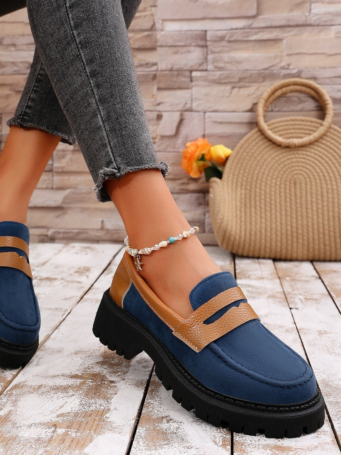 Contrast Suede Platform Loafers Blue Shoes JT's Designer Fashion