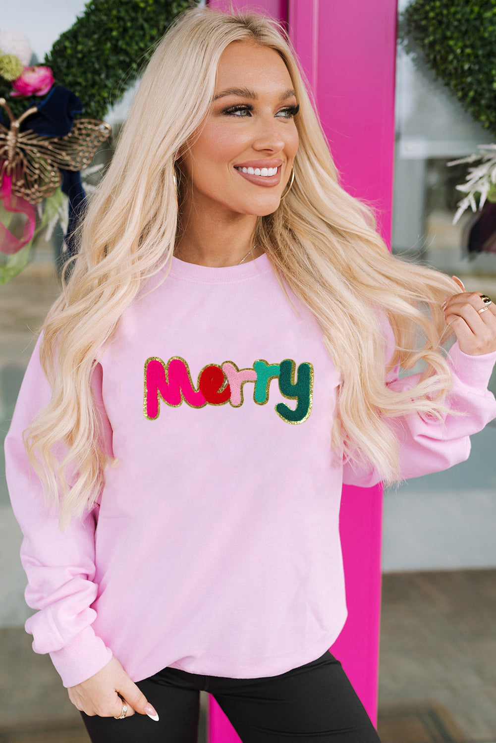 Pink Chenille Merry Graphic Christmas Sweatshirt Graphic Sweatshirts JT's Designer Fashion