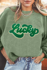 Grass Green Chenille Lucky Patched Graphic Ribbed St Patrick Sweatshirt Graphic Sweatshirts JT's Designer Fashion