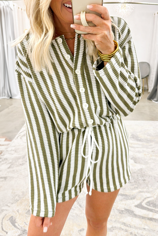 Green Stripe Half Placket Buttoned Front Drawstring Waist Romper Bottoms JT's Designer Fashion