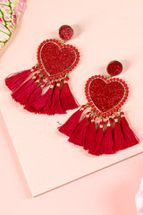 Racing Red Heart Shape Tasseled Dangle Earrings Jewelry JT's Designer Fashion