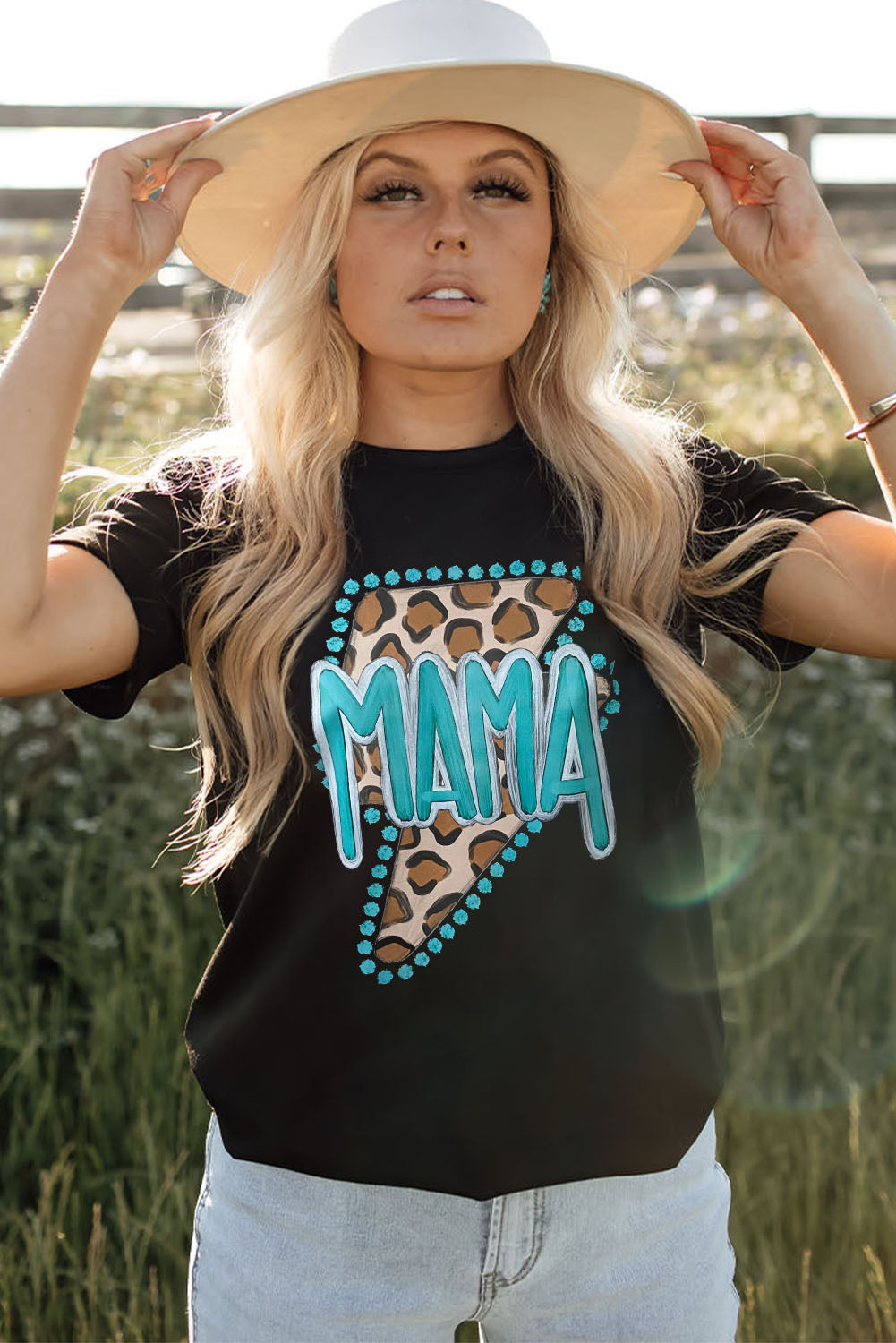 Black Western MAMA Leopard Lightning Graphic Tee Graphic Tees JT's Designer Fashion