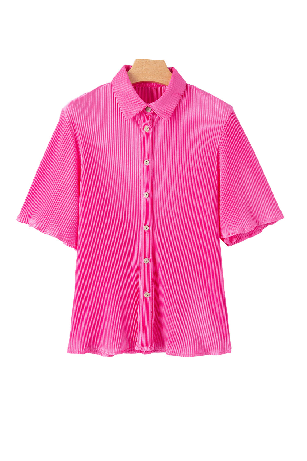 Bright Pink Satin Pleated Short Sleeve Shirt Blouses & Shirts JT's Designer Fashion